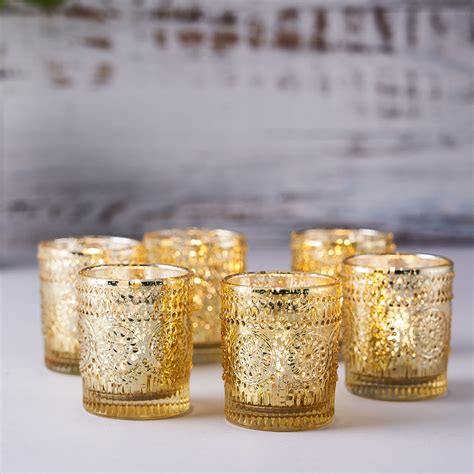 6 Pack Gold Mercury Glass Primrose Candle Holders
