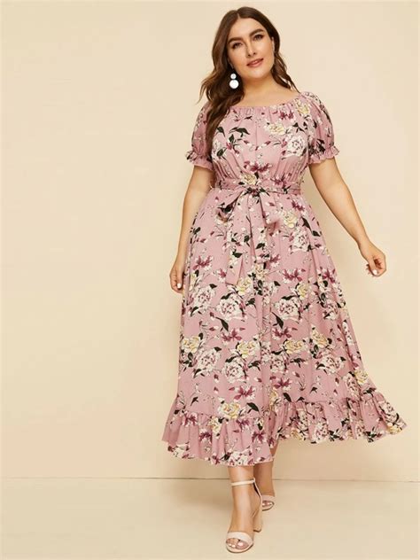 Plus Ruffle Hem Floral Print Belted Dress Shein Usa In 2020 Curvy Dress Belted Dress Plus