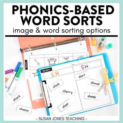 The Phonics Based Word Sorts Worksheet Is Shown With Scissors Pens And