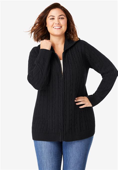 Hooded Cable Knit Zip Front Cardigan Plus Size Sweaters And Cardigans