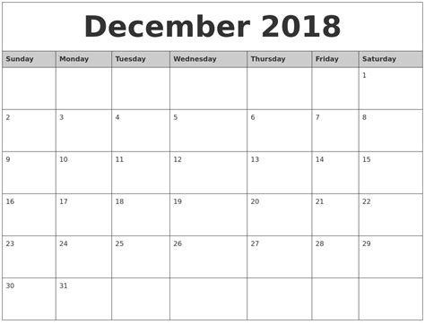 December 2018 Monthly Calendar Printable