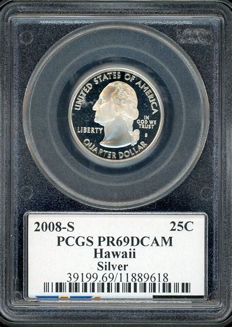 2008 S Silver Hawaii State Quarter Pcgs Pr69dcam Flag Label Cert