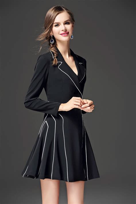 Black Long Sleeve Work Dress With White Piping Dress Album
