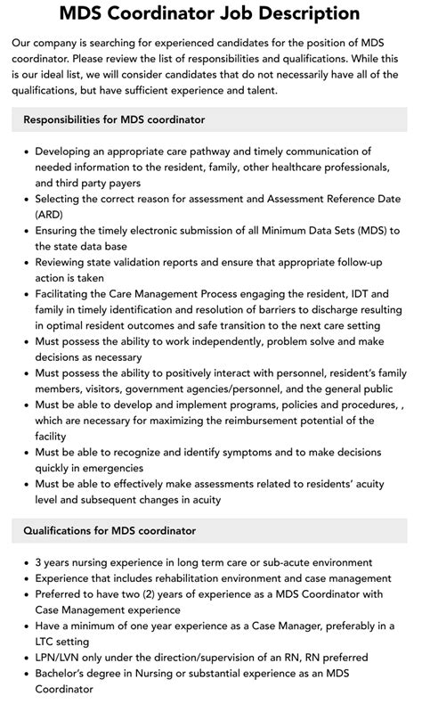 MDS Coordinator Job Description  Velvet Jobs