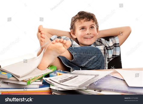Portrait Barefoot Schoolboy His Feet On Stock Photo 45724369 Shutterstock