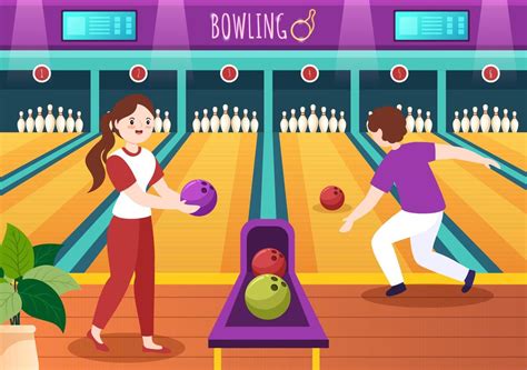 People Play Bowling Game Hand Drawn Cartoon Flat Design Illustration