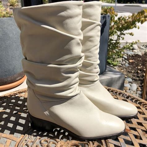 Hunt Club Cream Leather Slouch Boots 7m Mid Calf Stacked Wood Heel