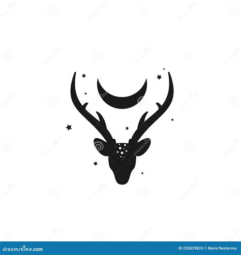 Silhouette Of Deer Head With Antlers Crescent Moon And Stars Magic