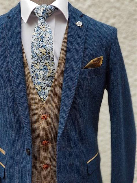 Blue Tweed Wedding Suit With Brown Waistcoat Marc Darcy Dion Ted Blue