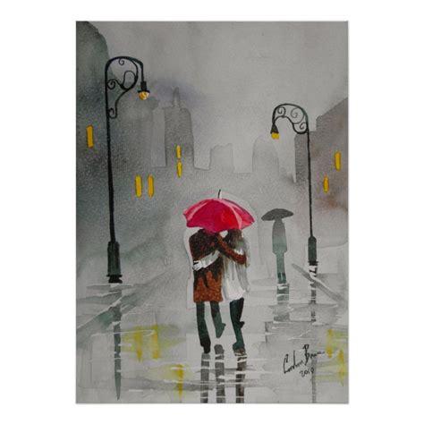 Rainy Day Autumn Red Umbrella Romantic Couple Poster