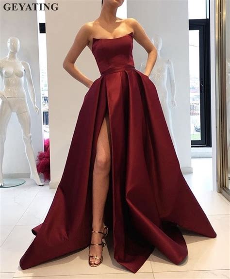 2019 Burgundy Prom Dresses With Pockets Side Slit Strapless Satin Elegant Long Evening Party