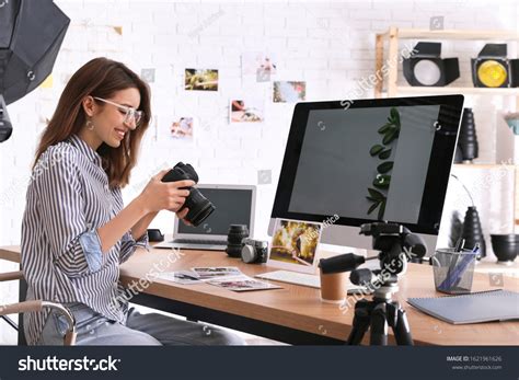 Professional Photographer Camera Working Table Office Stock Photo