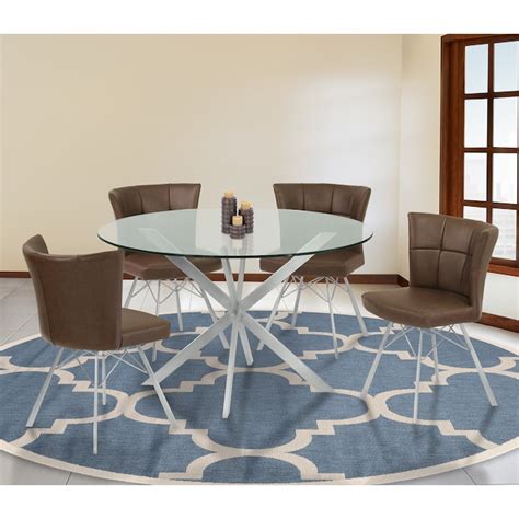 Armen Living Mystere Brushed Stainless Steel Round Contemporary Modern Dining Table Glass Top