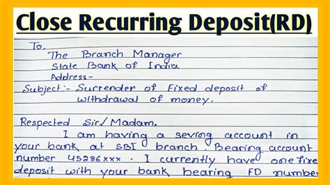 Application For Surender Recurring Deposit Rd Account L How To Close Rd Account Before