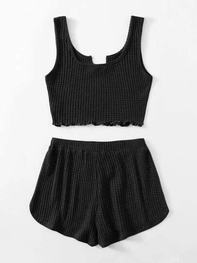 Shein Lettuce Trim Waffle Knit Tank Top And Shorts Set Knitted Tank Top Lace Cami Top Comfy