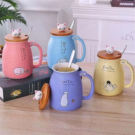 Heat Resistant 600ml Cute Cat Ceramics Coffee Mug With Lid Spoon Animal