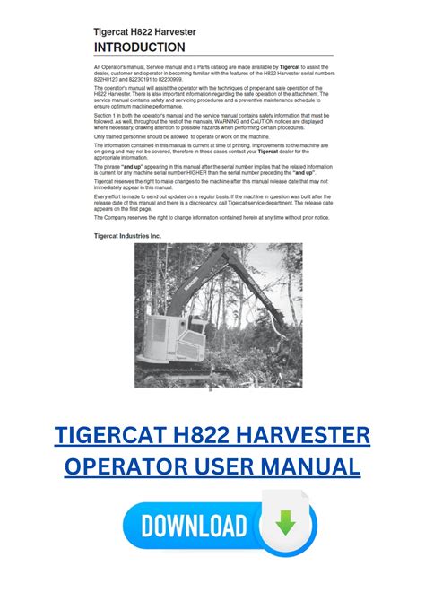 TIGERCAT H822 HARVESTER OPERATOR USER MANUAL By Service Repair