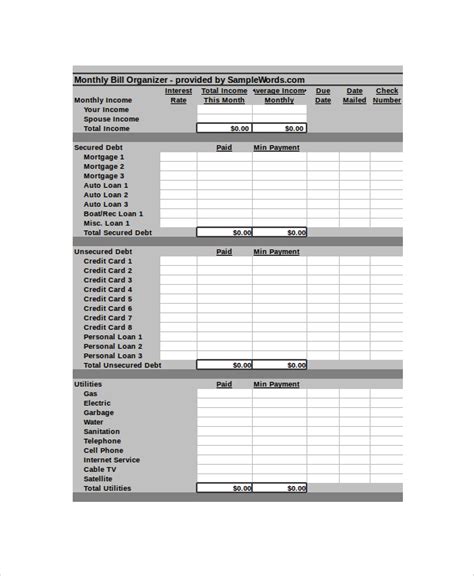 Bill Organizer Template Excel Hq Template Documents