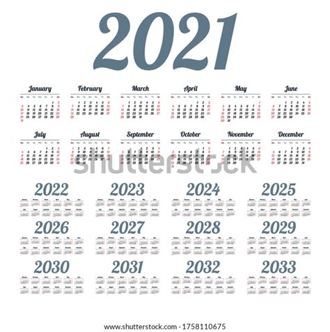 English Calendar Years 20212033 Week Starts Stock Vector Royalty Free