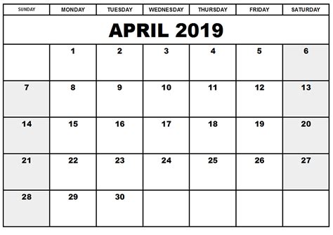 april 2019 printable calendar templates free blank