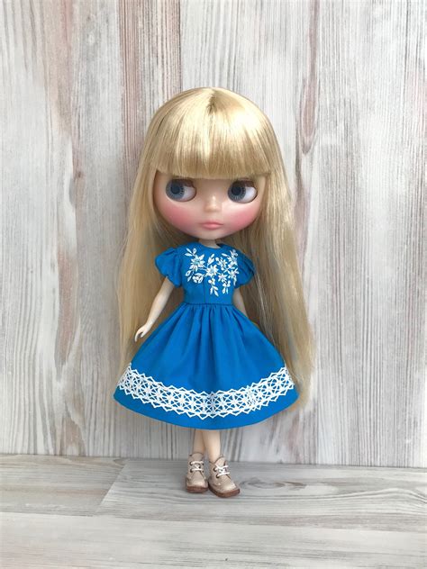 Blythe Floral Dress Doll Clothes Blue Embroidered Dress Doll Outfit 30 Cm Dolls Clothes 12