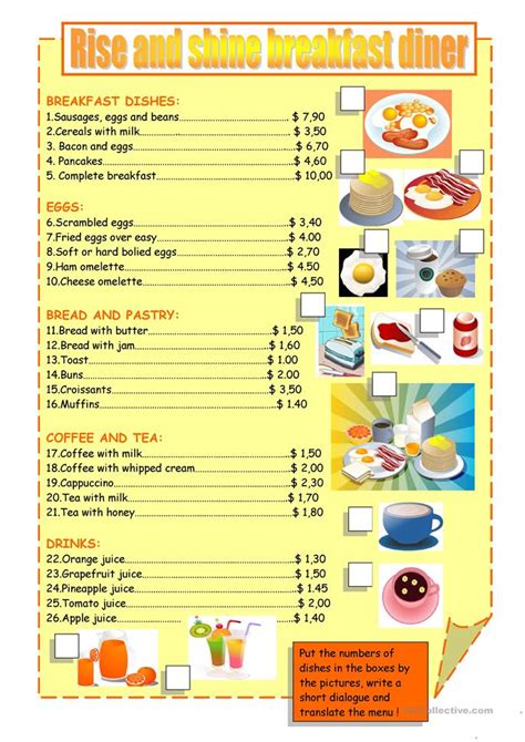 They also provide enough protein to . BREAKFAST MENU worksheet - Free ESL printable worksheets