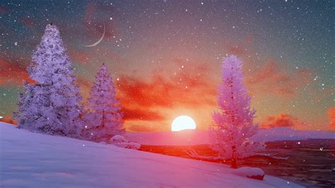 Fantastic Winter Landscape With Scenic Sunset Sky Over
