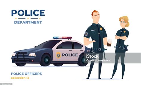 Polisi Kartun Tim Pria Dan Wanita Petugas Keamanan Publik Dengan Mobil