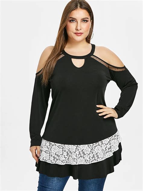 Wipalo Women Open Shoulder Lace Panel Plus Size 5xl T Shirt Round Neck