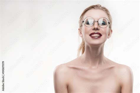 Beautiful Smiling Naked Shoulders Babe Girl Wearing Round Glasses Portrait Isolated On White