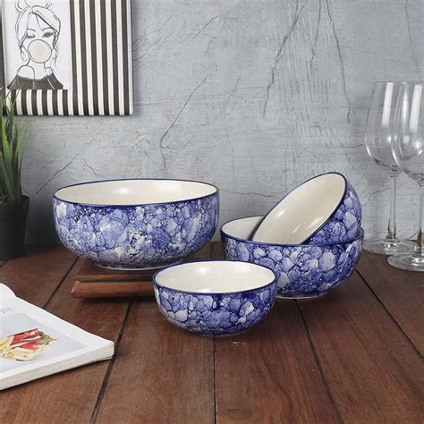 Abstract Designer Blue Ceramic Bowls Set Of 4 Wallmantra