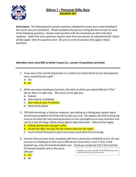 Find out in this quiz! Ethics 1 - Personal Gifts Quiz ANSWER KEY