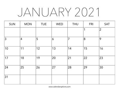 Printable January 2021 Calendar Calendar Options