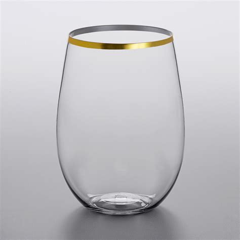 Visions 16 Oz Heavy Weight Clear Plastic Stemless Wine Glass With Gold Rim 16 Pack