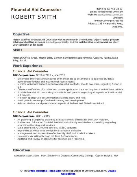 $18.01 per hour or higher depending on educcation and experience full/part time: Financial Aid Counselor Resume Samples | QwikResume