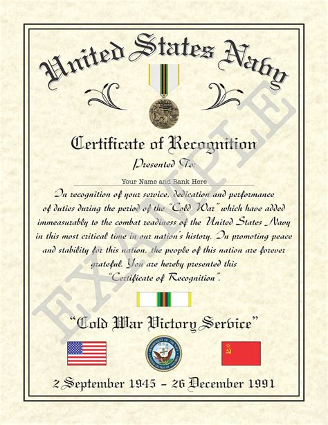 Cold War Victory Certificate Us Navy 85 X 11 Personalized Us Navy