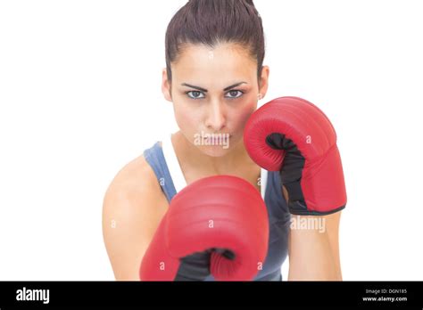 Attractive Sporty Brunette Wearing Red Boxing Gloves Stock Photo Alamy