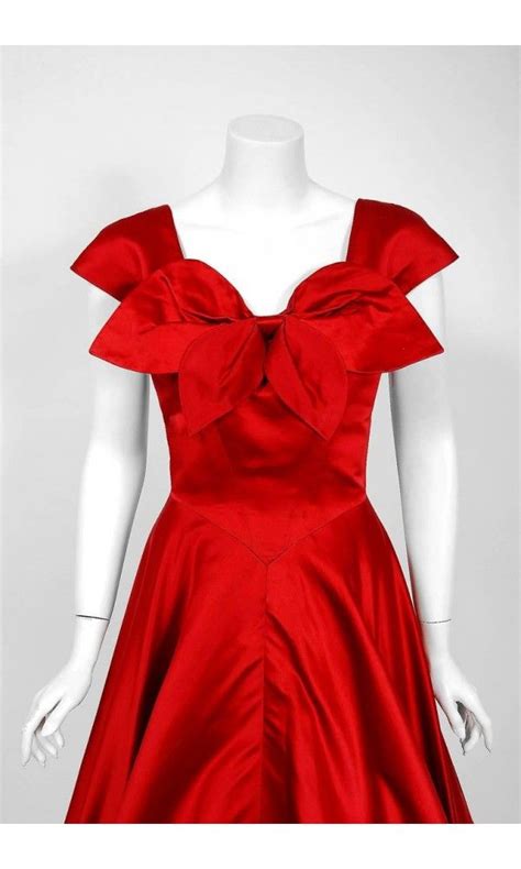 1955 Bill Blass For Anna Miller Red Satin Sculpted Bow Plunge Full