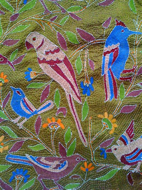 Beautiful Kantha Embroidery Of Birds Surrounded By Branches With Leaves