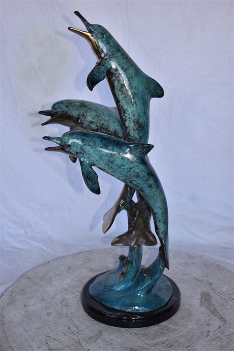 Three Dolphins Jumping Of The Ocean Bronze Statue On Marble 12 X 12 X