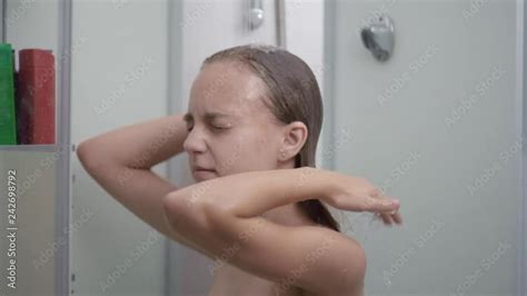 Video „smiling Young Girl Bathing Under A Shower At Home Beautiful Teen Girl Taking Shower And
