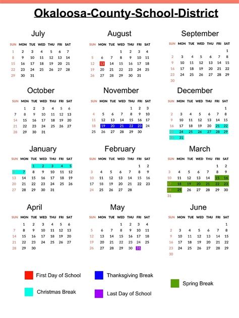 Impressive School Calendar Okaloosa County School Calendar
