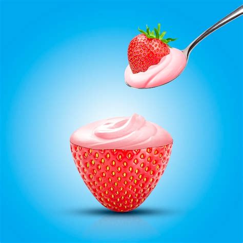 Premium Photo Strawberry Yoghurt Ads A Spoon Of Creamy Strawberry