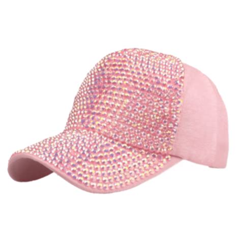 Pink Rhinestone Studded Bling Adjustable Baseball Hat For Women