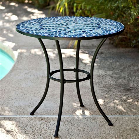 30 Inch Round Metal Outdoor Bistro Patio Table With Hand Laid Blue