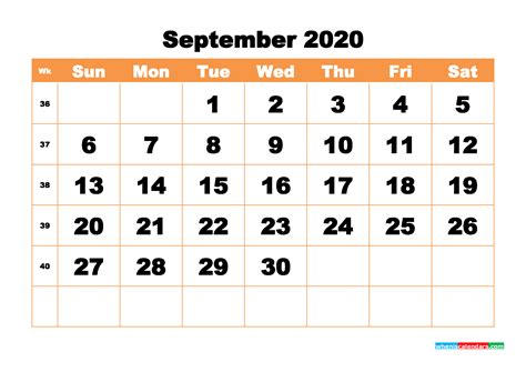 September Blank Calendar 2020 Printable Word Pdf Png
