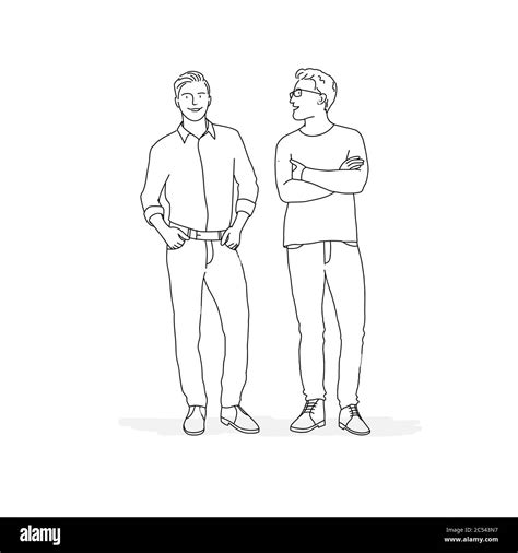 Two People Standing Next To Each Other Line Drawing Vector