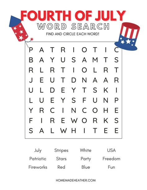 The Fourth Of July Word Search Is Shown In Red White And Blue With An