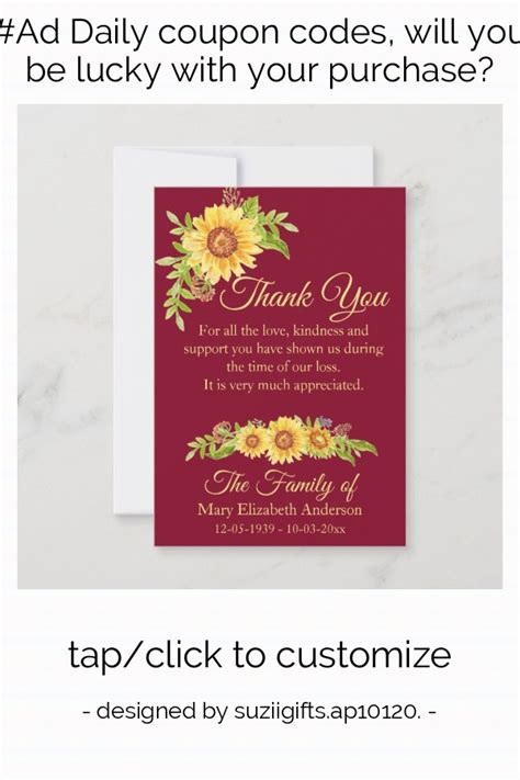 Funeral Floral Watercolor Sunflower Burgundy Thank You Card Zazzle