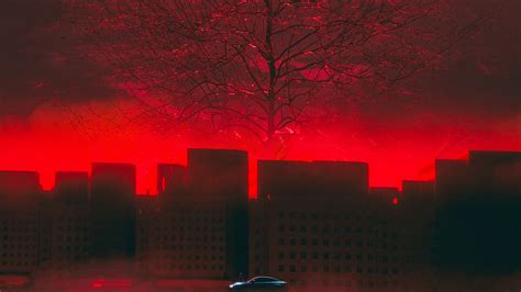 Download Wallpaper 1920x1080 Car Tree Art Red Futurism